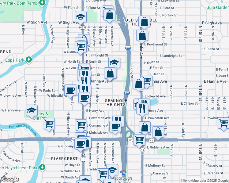 map of restaurants, bars, coffee shops, grocery stores, and more near 6007 North Central Avenue in Tampa