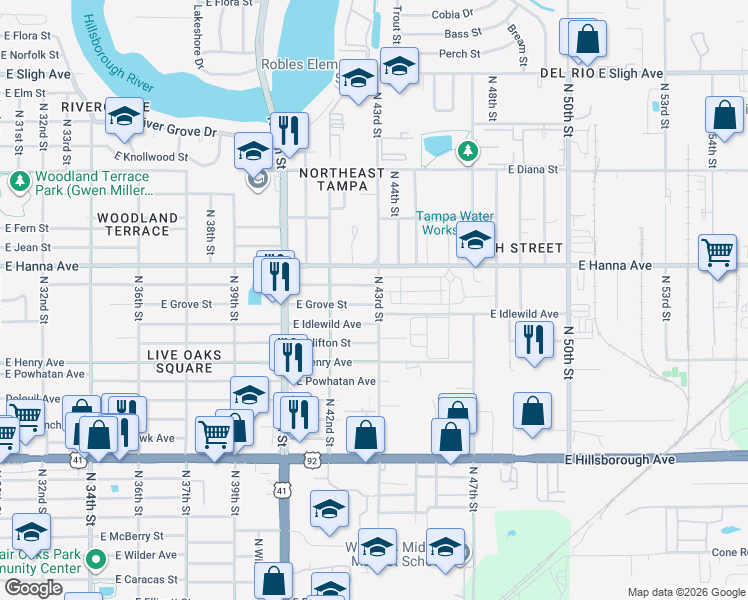 map of restaurants, bars, coffee shops, grocery stores, and more near 4220 East Grove Street in Tampa