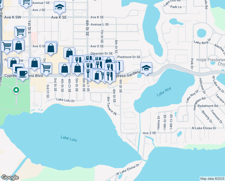 map of restaurants, bars, coffee shops, grocery stores, and more near 795 Avenue T Southeast in Winter Haven