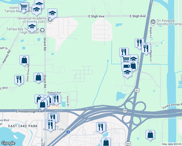 map of restaurants, bars, coffee shops, grocery stores, and more near 8212 Down Royal Road in Tampa