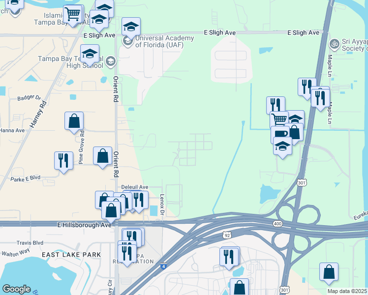 map of restaurants, bars, coffee shops, grocery stores, and more near 8010 Down Royal Road in Tampa