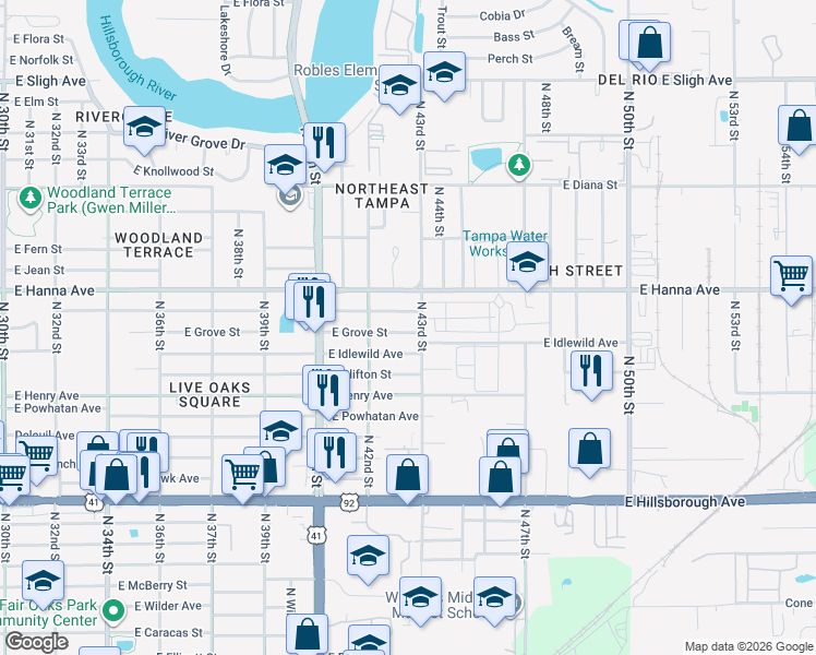map of restaurants, bars, coffee shops, grocery stores, and more near 4220 East Grove Street in Tampa