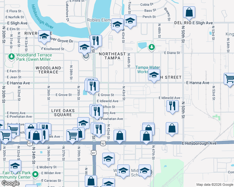 map of restaurants, bars, coffee shops, grocery stores, and more near 4206 East Grove Street in Tampa