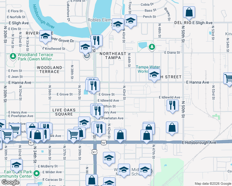 map of restaurants, bars, coffee shops, grocery stores, and more near 4206 East Grove Street in Tampa