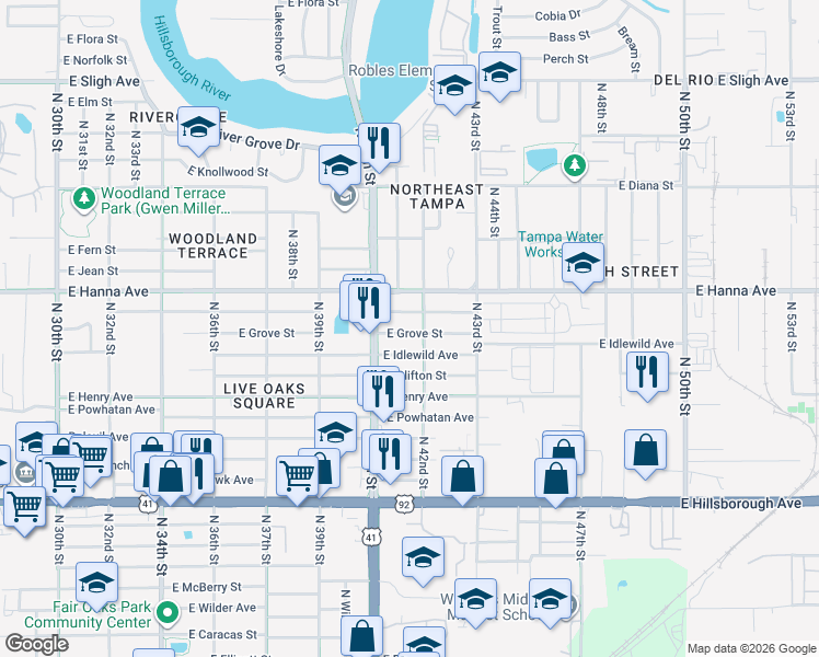map of restaurants, bars, coffee shops, grocery stores, and more near 4014 East Grove Street in Tampa