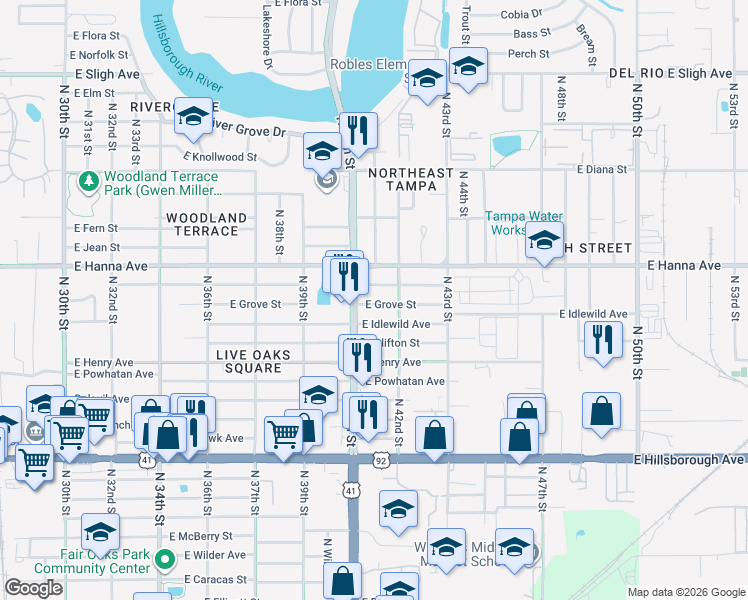 map of restaurants, bars, coffee shops, grocery stores, and more near 4014 East Grove Street in Tampa