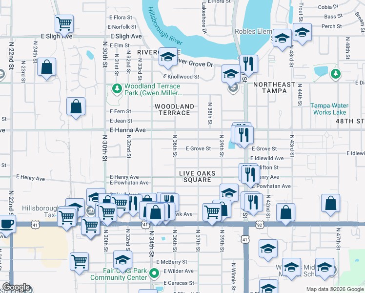 map of restaurants, bars, coffee shops, grocery stores, and more near 3616 East Grove Street in Tampa