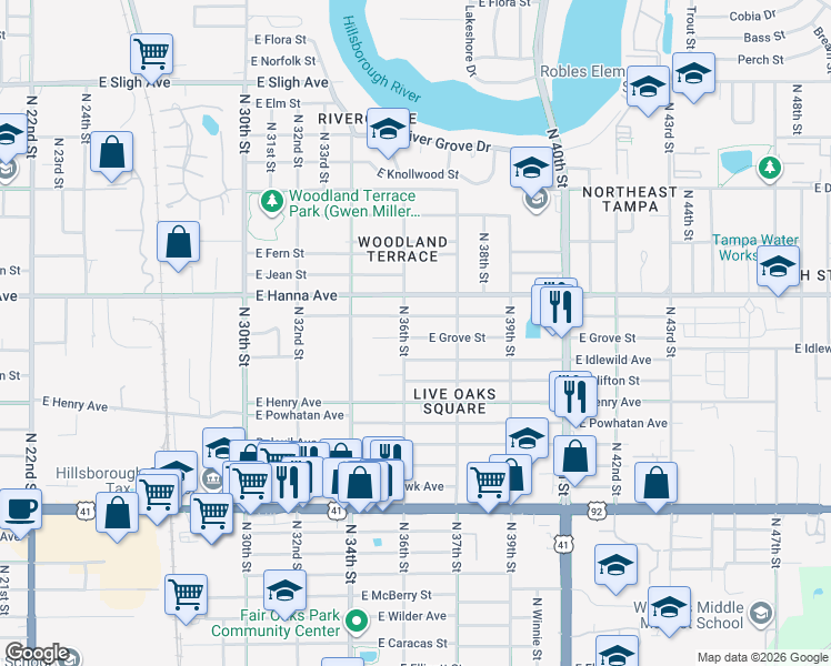 map of restaurants, bars, coffee shops, grocery stores, and more near 3416 East Grove Street in Tampa