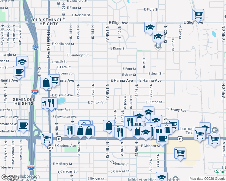 map of restaurants, bars, coffee shops, grocery stores, and more near 1603 East Paris Street in Tampa
