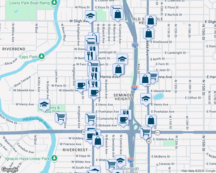 map of restaurants, bars, coffee shops, grocery stores, and more near 310 East Idlewild Avenue in Tampa