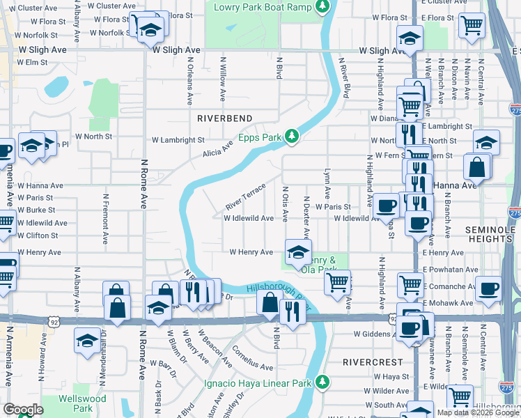 map of restaurants, bars, coffee shops, grocery stores, and more near 713 W Idlewild Ave in Tampa