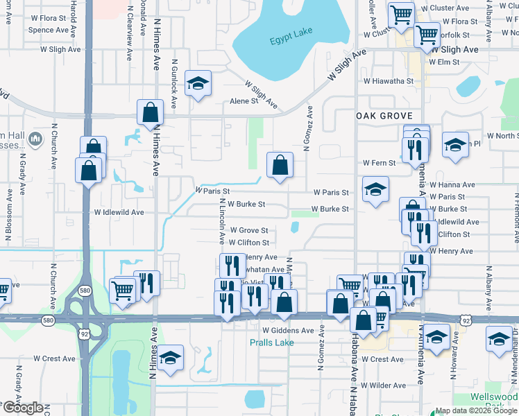 map of restaurants, bars, coffee shops, grocery stores, and more near 3110 West Burke Street in Tampa