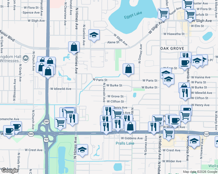 map of restaurants, bars, coffee shops, grocery stores, and more near 3124 West Burke Street in Tampa