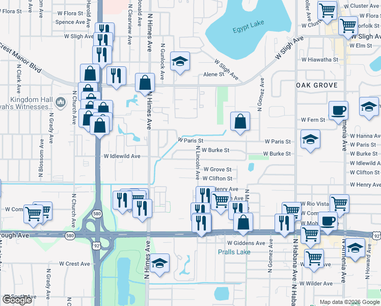 map of restaurants, bars, coffee shops, grocery stores, and more near 3302 West Burke Street in Tampa