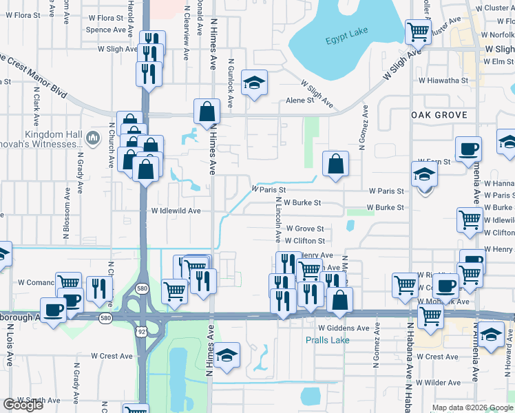 map of restaurants, bars, coffee shops, grocery stores, and more near 3318 West Burke Street in Tampa