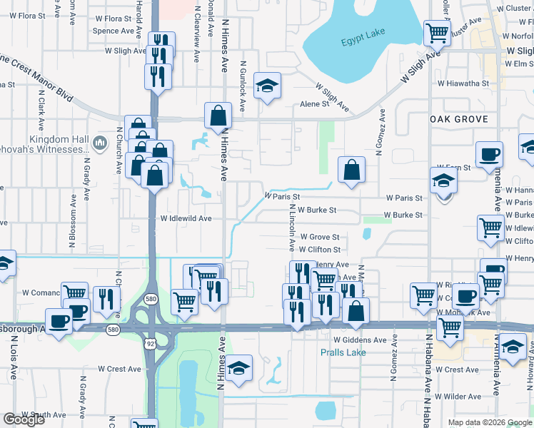 map of restaurants, bars, coffee shops, grocery stores, and more near 3318 West Burke Street in Tampa