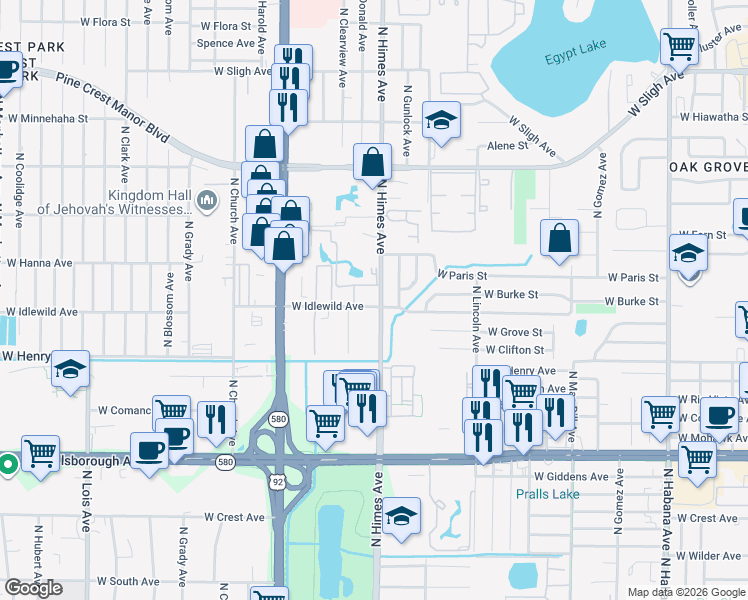 map of restaurants, bars, coffee shops, grocery stores, and more near 3607 West Idlewild Avenue in Tampa