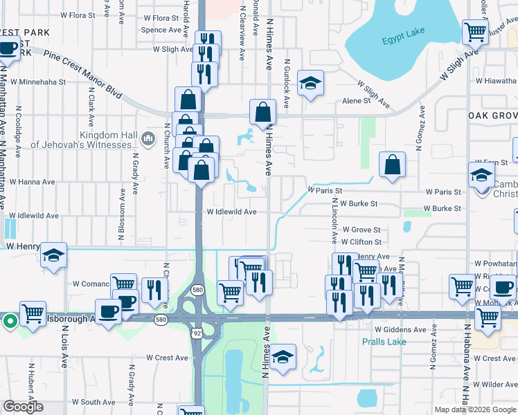 map of restaurants, bars, coffee shops, grocery stores, and more near 3607 West Idlewild Avenue in Tampa