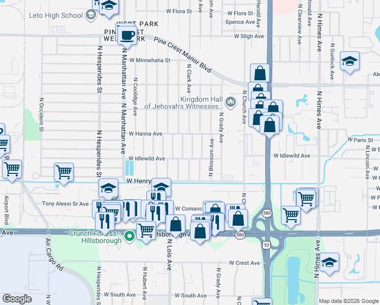 map of restaurants, bars, coffee shops, grocery stores, and more near 6004 North Clark Avenue in Tampa