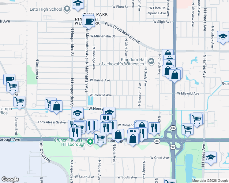 map of restaurants, bars, coffee shops, grocery stores, and more near 6004 North Lois Avenue in Tampa