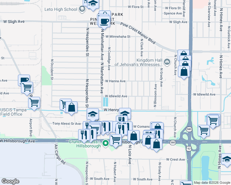 map of restaurants, bars, coffee shops, grocery stores, and more near 6004 North Thatcher Avenue in Tampa