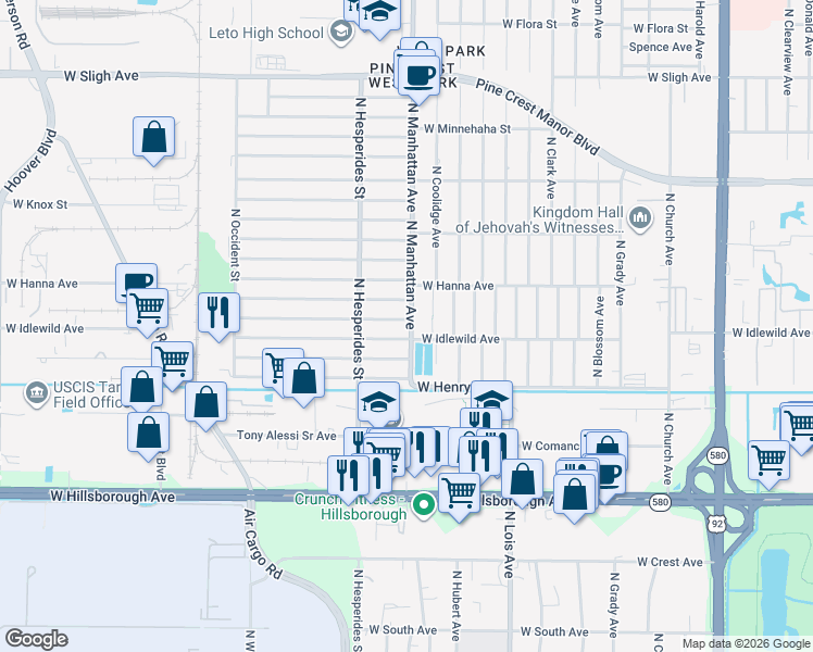 map of restaurants, bars, coffee shops, grocery stores, and more near 4406 West Burke Street in Tampa