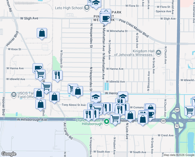 map of restaurants, bars, coffee shops, grocery stores, and more near 4406 West Burke Street in Tampa