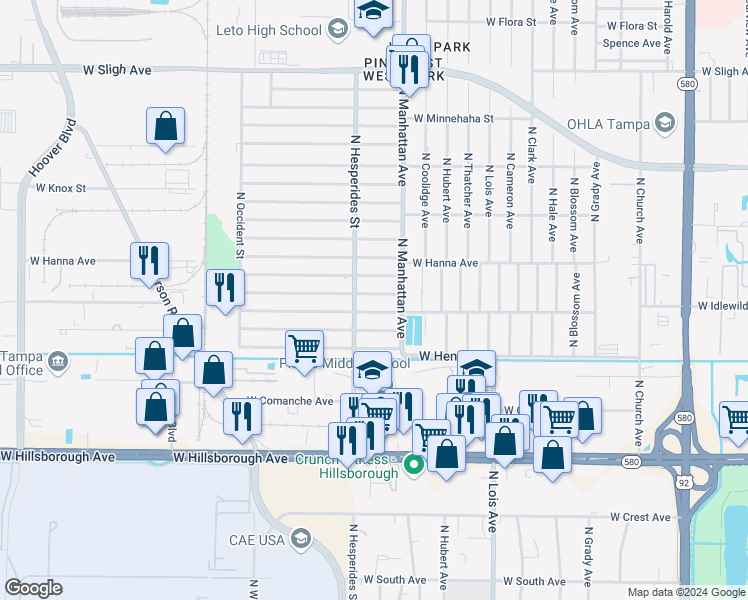 map of restaurants, bars, coffee shops, grocery stores, and more near 4406 West Burke Street in Tampa