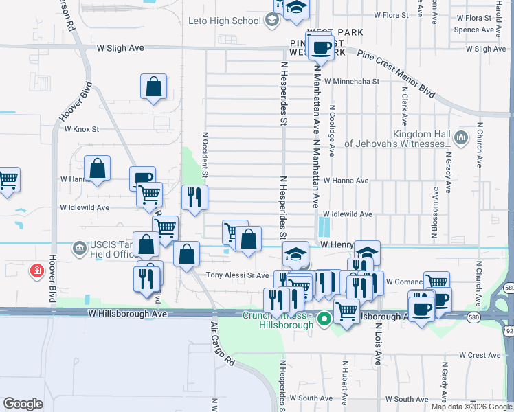 map of restaurants, bars, coffee shops, grocery stores, and more near 4513 West Idlewild Avenue in Tampa
