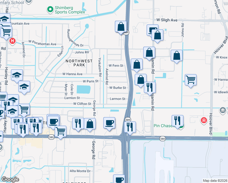map of restaurants, bars, coffee shops, grocery stores, and more near 6025 West Idlewild Avenue in Tampa