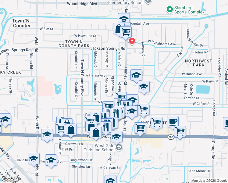 map of restaurants, bars, coffee shops, grocery stores, and more near 6005 Rosewood Drive in Tampa
