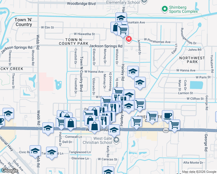 map of restaurants, bars, coffee shops, grocery stores, and more near 6005 Rosewood Drive in Tampa