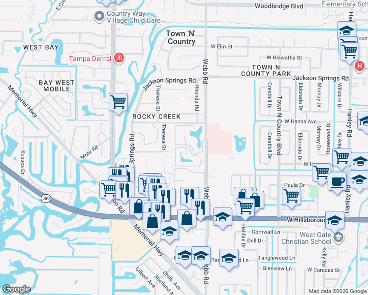 map of restaurants, bars, coffee shops, grocery stores, and more near 8336 Crystal Harbour Drive in Town 'n' Country