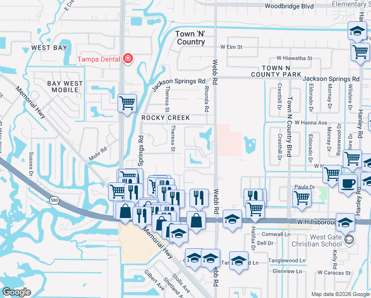 map of restaurants, bars, coffee shops, grocery stores, and more near 8374 North Webb Road in Town 'n' Country