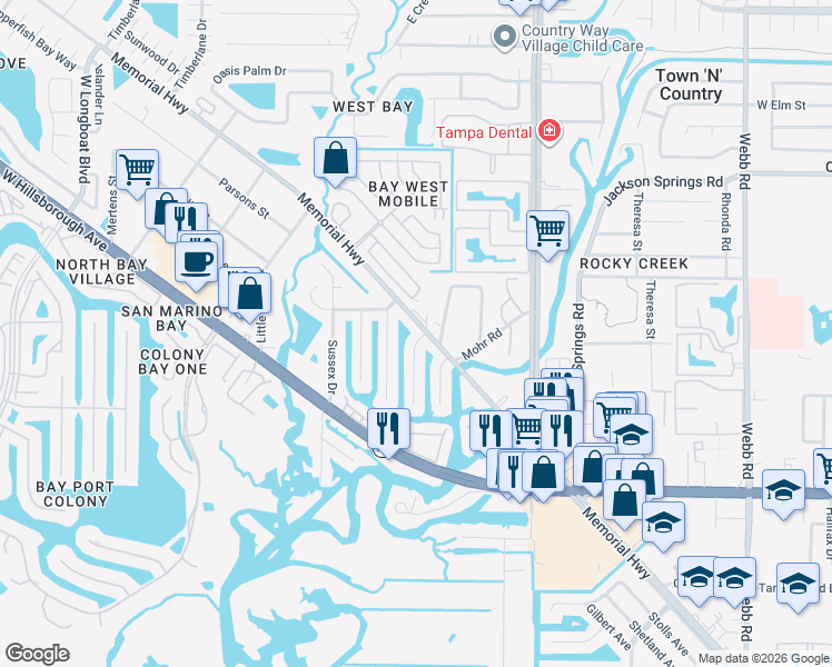 map of restaurants, bars, coffee shops, grocery stores, and more near 5837 Portsmouth Drive in Tampa