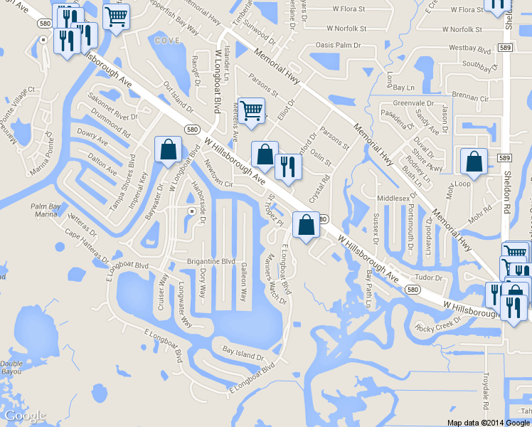map of restaurants, bars, coffee shops, grocery stores, and more near 10424 Saint Tropez Place in Tampa