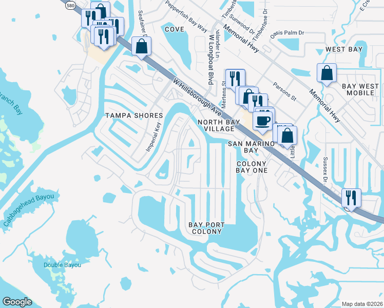 map of restaurants, bars, coffee shops, grocery stores, and more near 5619 Harborside Drive in Town 'n' Country
