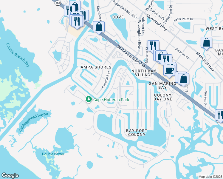 map of restaurants, bars, coffee shops, grocery stores, and more near 5506 Baywater Drive in Tampa