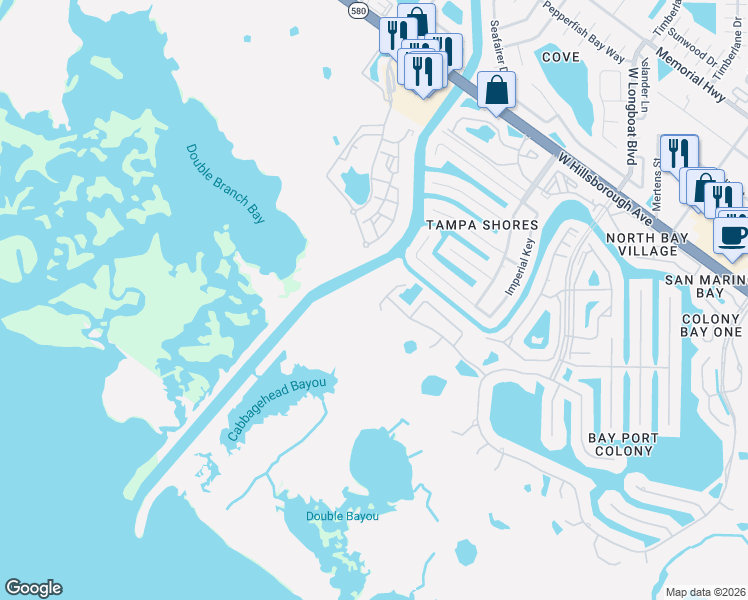 map of restaurants, bars, coffee shops, grocery stores, and more near 5804 Hatteras Palm Way in Tampa