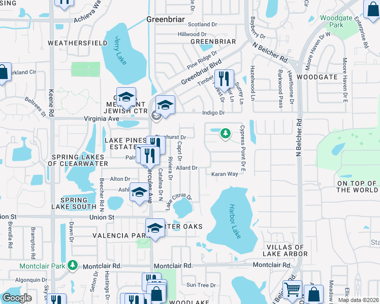 map of restaurants, bars, coffee shops, grocery stores, and more near 2221 Capri Drive in Clearwater