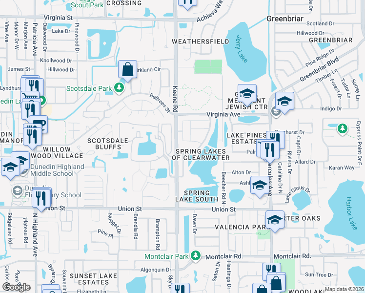 map of restaurants, bars, coffee shops, grocery stores, and more near 2220 Springrain Drive in Clearwater