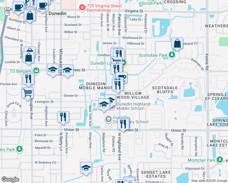 map of restaurants, bars, coffee shops, grocery stores, and more near 154 Patricia Avenue in Dunedin
