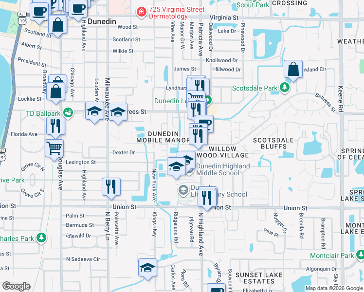 map of restaurants, bars, coffee shops, grocery stores, and more near 861 Skyloch Drive North in Dunedin