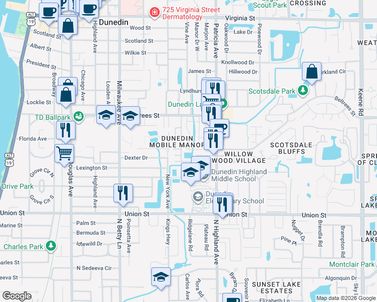 map of restaurants, bars, coffee shops, grocery stores, and more near 861 Skyloch Drive North in Dunedin