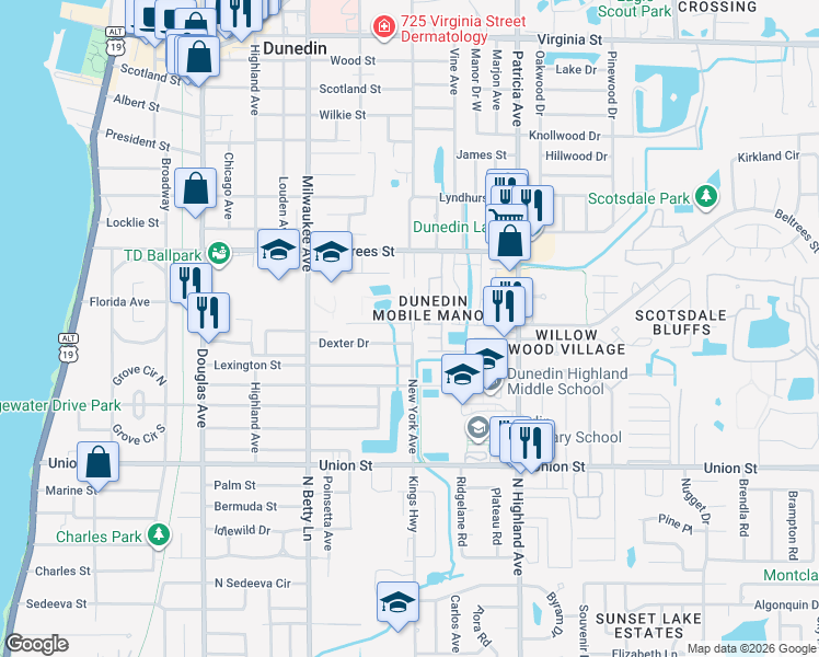 map of restaurants, bars, coffee shops, grocery stores, and more near 663 Whisper Cove Court in Dunedin