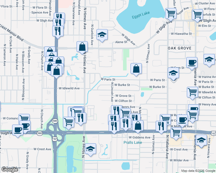 map of restaurants, bars, coffee shops, grocery stores, and more near 3306 West Burke Street in Tampa