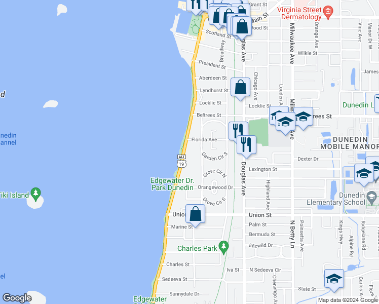 map of restaurants, bars, coffee shops, grocery stores, and more near 235 Edgewater Drive in Dunedin