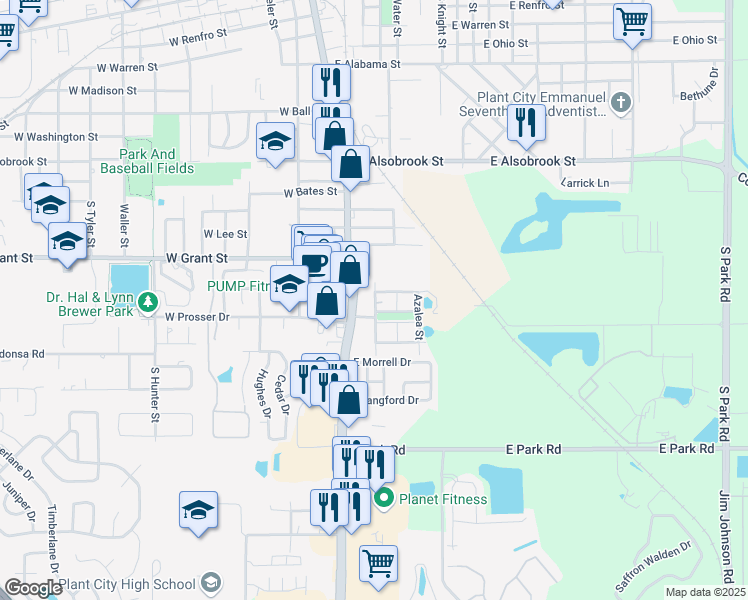 map of restaurants, bars, coffee shops, grocery stores, and more near 1413 McDonald Street in Plant City