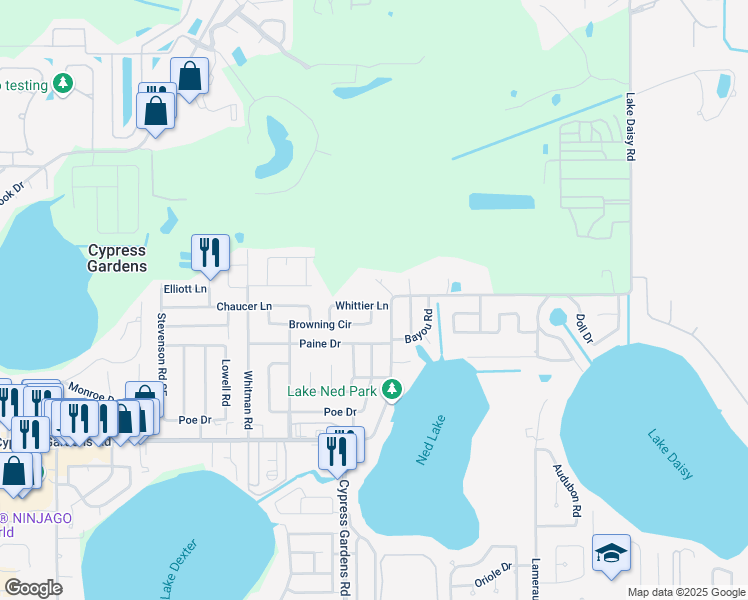 map of restaurants, bars, coffee shops, grocery stores, and more near 108 Whittier Lane in Winter Haven