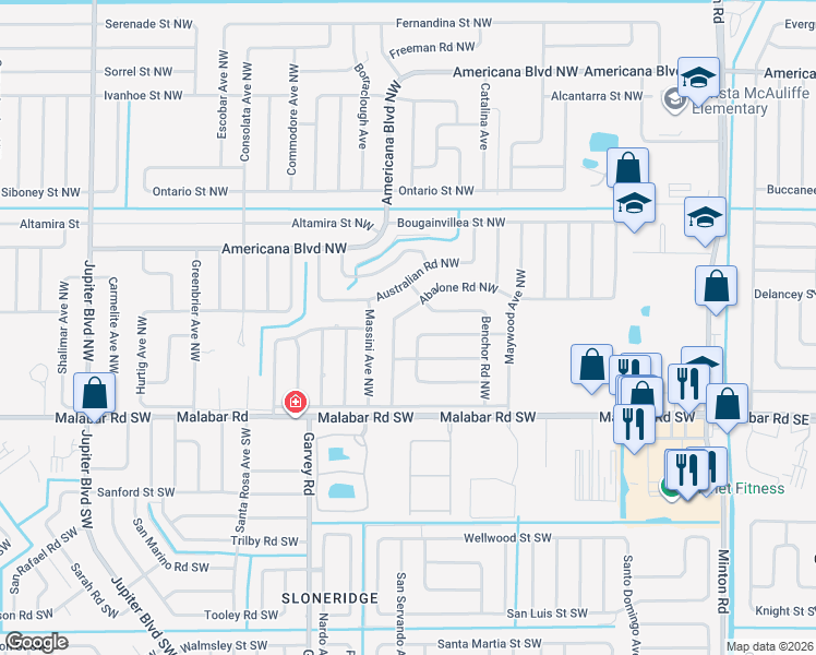 map of restaurants, bars, coffee shops, grocery stores, and more near 198 Naftal Avenue Northwest in Palm Bay